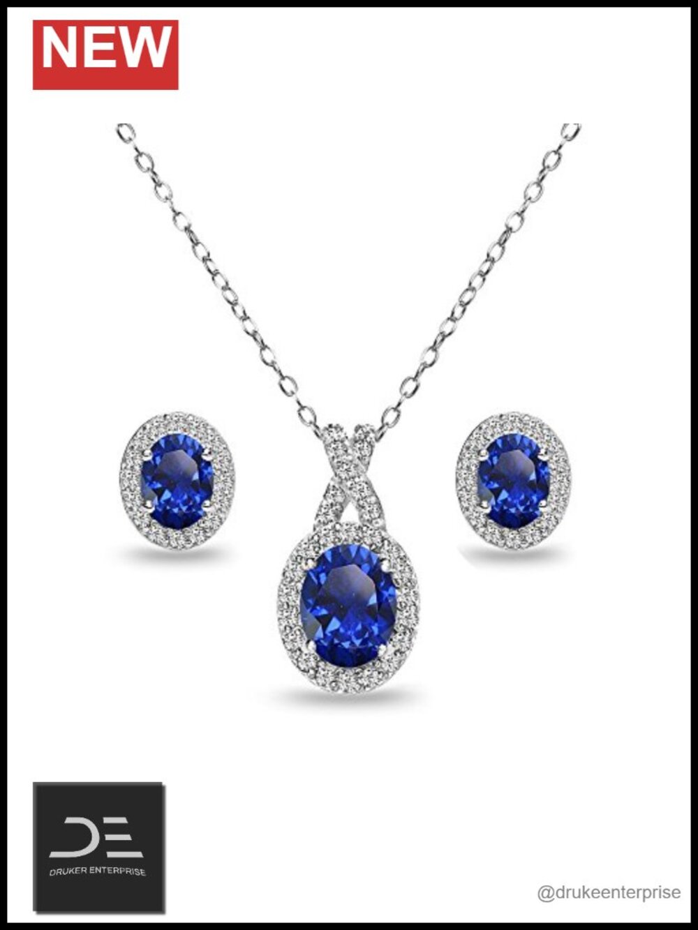 Sterling Silver Created Sapphire Oval Halo X Necklace & Earrings Set Women